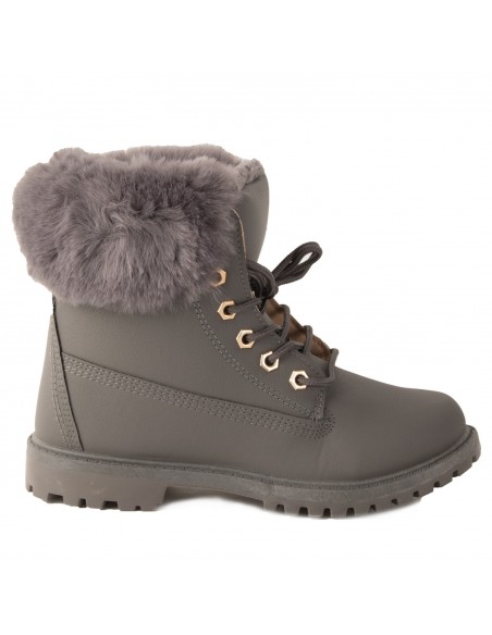 Bottines femme rangers fourrées & revers fourrure synthétique en simili cuir camel - noir - blanc