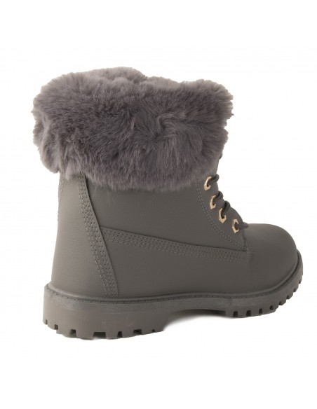 Bottines femme rangers fourrées & revers fourrure synthétique en simili cuir camel - noir - blanc