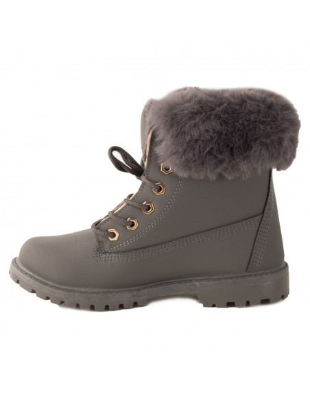 Bottines femme rangers fourrées & revers fourrure synthétique en simili cuir camel - noir - blanc