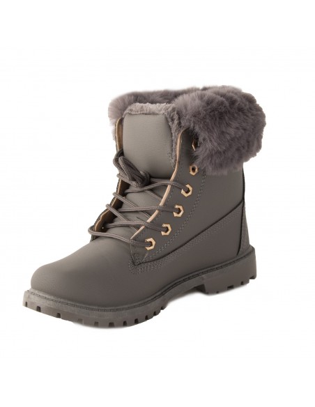 Bottines femme rangers fourrées & revers fourrure synthétique en simili cuir camel - noir - blanc