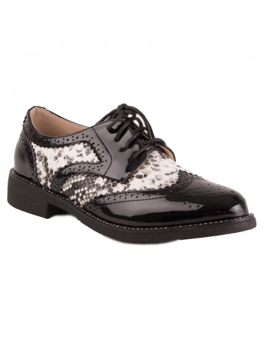 Derbies femme verni noir imprimé serpent python avec petit talon carré & strass