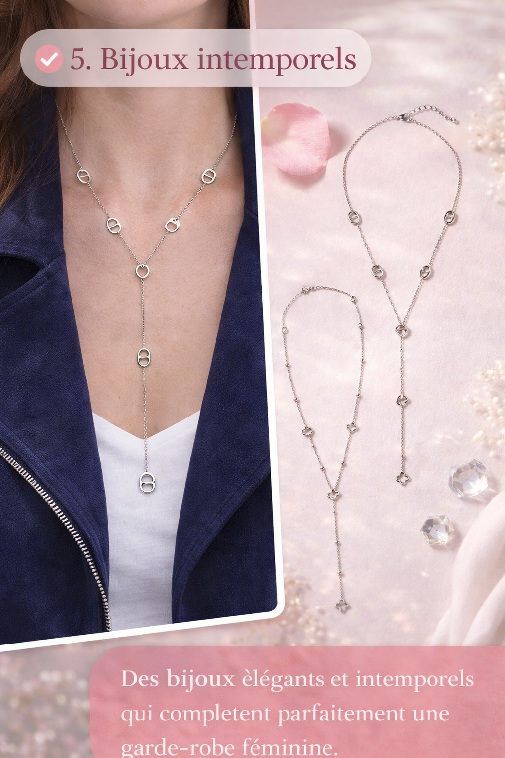 collier élégant femme intemporel en acier inoxydable